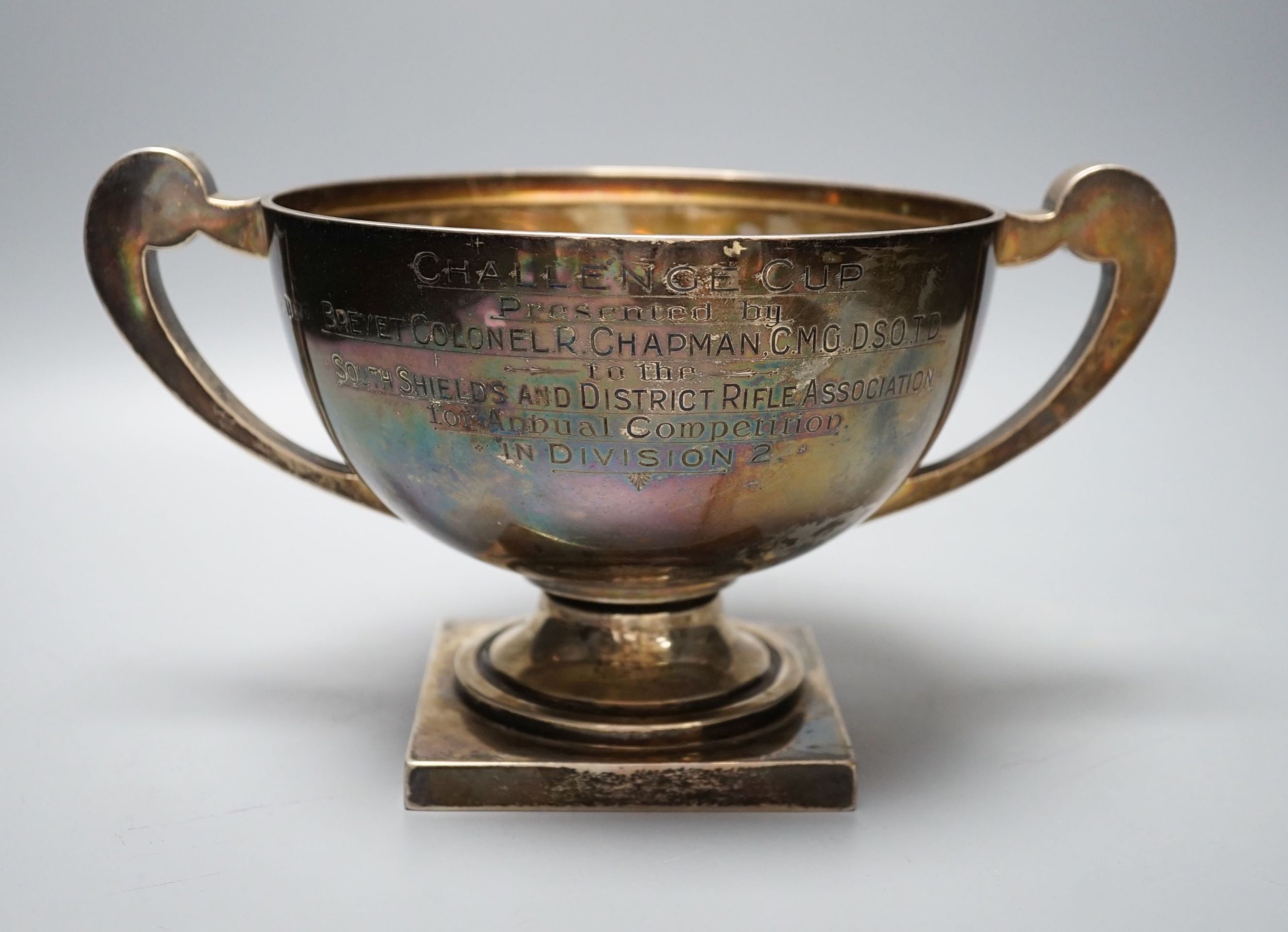 A George V silver two handled presentation trophy cup, with engraved inscription, William Neale Ltd, Birmingham, 1919, diameter 17.3cm, 19.5oz.